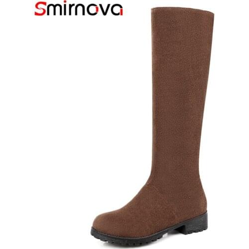 Smirnova 2018 new arrival winter knee high boots dark brown black round toe casual flat boots keep warm female shoes size 34-48