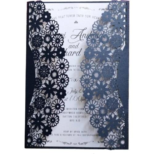 Navy Blue Pearl Paper Lace Hollow Invitations Card for Business Birthday Thanksgiving Wish Greeting Cards, 12x18cm