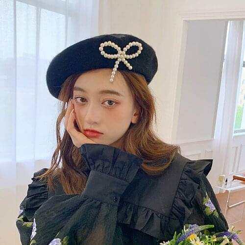 Pearl Bow Hat Womens Autumn and Winter Wool Beret Korean Version of the Wild Japanese Painter Hat Woolen Bud Hat Tide