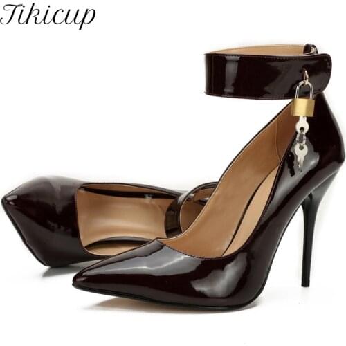 Tikicup Ankle Strap Women Patent Pointy Toe Extremely High Heels Plus Size 40-48 Sexy Stilettos Pumps Unisex Crossdresser Shoes