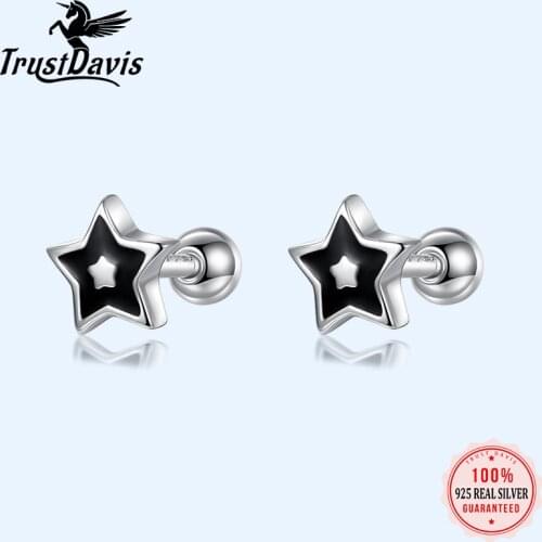 TrustDavis Real 925 Sterling Silver Fashion Sweet Black Star Screw Stud Earrings For Women Wedding Minimalist Fine Jewelry DB075