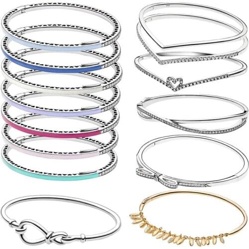 Rigid Bangles For Women Silver 925 Original Wrist Bracelets Zircon Stones Enamel Fine Jewelry Wishbone Heart Bow Knot Grain 2021