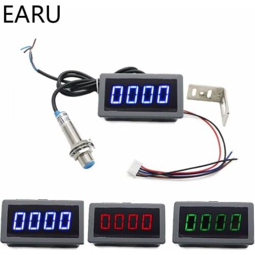 1Set 12V 24V Measuring Gauge 4 Digital Blue/Green/Red LED Tachometer RPM Speed Meter 10-9999RPM Hall Proximity Switch Sensor NPN
