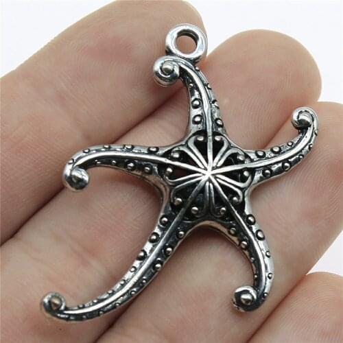 2pcs 45x43mm 3D Hollow Starfish Charm Fashion 3D Starfish Charm 3D Hollow Starfish Pendants Antique Silver Color