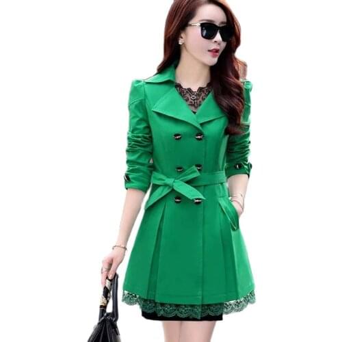 2021 Trench Coat For Women Turn-down Collar Slim Fit Double Breasted Lace Spring Long Windbreaker Plus Size Office Lady Outwear