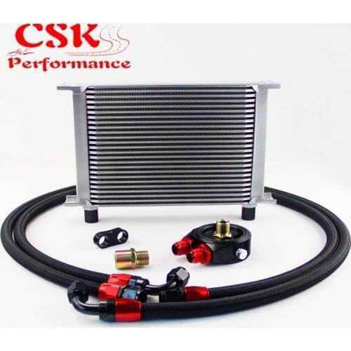 25 Row 248mm AN8 Universal Engine Transmission Oil Cooler British Type + Aluminum Filter Hose End Kit Silver