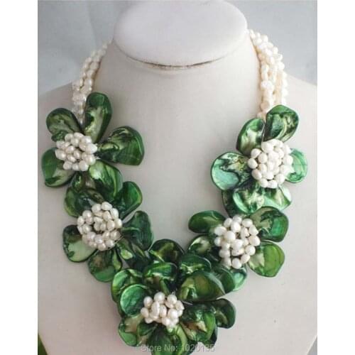 3rows white freshwater pearl baroque and green shell flower necklace 18inch FPPJ