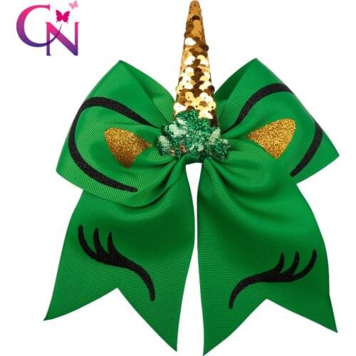 CN 7 " Large Gold Sequin Unicorn Cheer Bows With Elastic Band For Kids Green Ribbon Ponytail Hair Bows Holder Hair Accessories