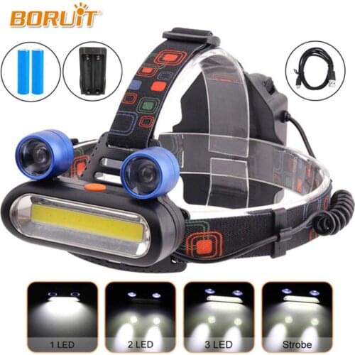 Boruit RJ-168 COB LED Headlamp 4Modes Waterproof Headlight USB Charger Head Torch Camping Fishing Flashlight 18650 Battery
