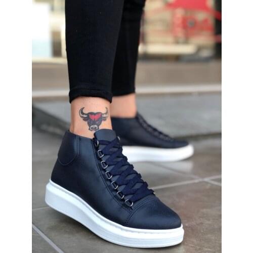 BA0032 BOA Laced Snekaers Navy Blue High Bottom Half Ankle Boot