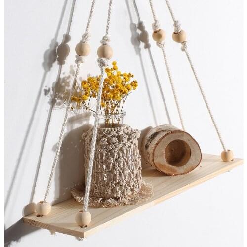 Wood Swing Hanging Rope Wall Mounted Floating Shelves Plant Flower Pot Tray Hanging Rope with Beads Wall Shelves Nordic Decor