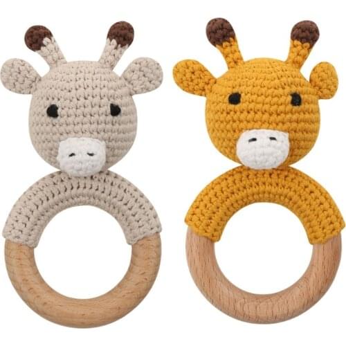 Baby Teether Cartton Animal Crochet Wooden Teething Rings DIY Teething Rattle F3ME