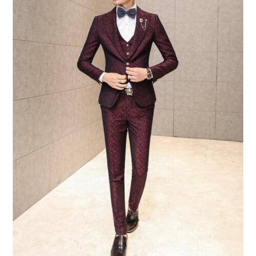 3 Pics Set Single Breasted British Style Mens Suit Slim Fit Prom Floral Wedding Business Jacket Vest Pants Male