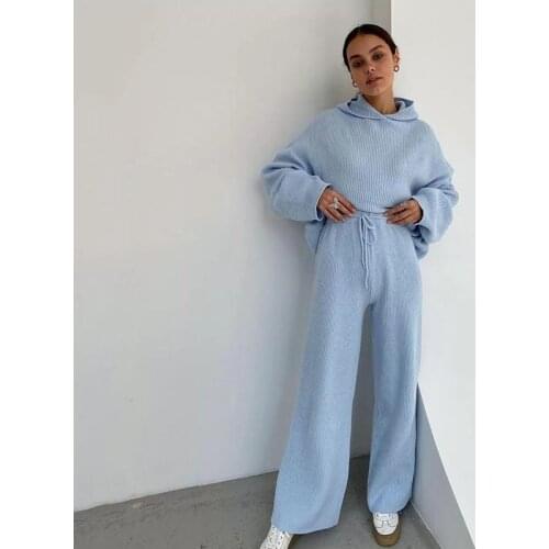 Two Piece Sets Women Homewear Spring Rib Knitted Y2K Pajamas Casual Solid Loose Hooded Tops And Wide Leg Pants Suit Sportswear