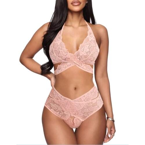 Women Sexy Two-piece Lingerie Set, Female Underwear Halter Neck Backless Underwear and Hollow Out Panties, S/ M/ L/ XL/ XXL