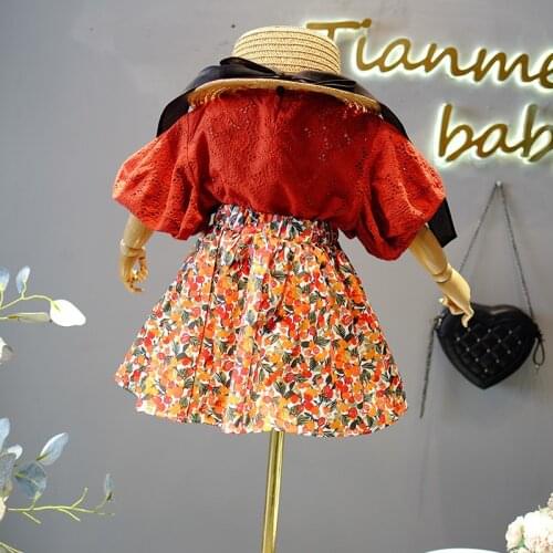 Girls Clothes Sets Kids Infant Baby Summer Flowers Print Short Sleeve Ruffles Blouse Outfit Tops Flower Skirt Summer 2pcs 2-7Y