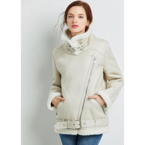 Ailegogo Winter Faux Lamb Leather Jacket Women Wool Fur Belt Zipper Turn Down Collar Loose Coat Female Warm Thick Outerwear