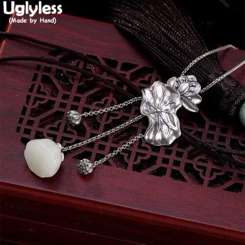Uglyless 100% Real 925 Sterling Silver Handmade Lotus Leaf Pendants Necklaces NO Chains Jade Lotus Tassel Pendant Fine Jewelry