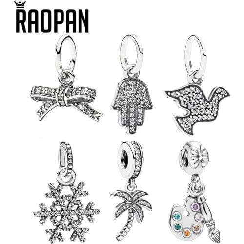 RAOPAN Winter Snowflake Bow Coconut Tree Cute Charm 925 Sterling Silver Charm Bracelet Girl Fashion Jewelry