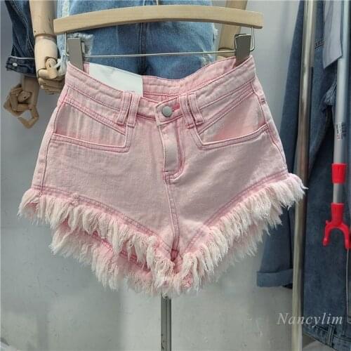 Ripped Tassel Pink Denim Shorts Woman 2021 Summer New High Waist Wide Leg Shorts Fashion All-Match Jeans Shorts