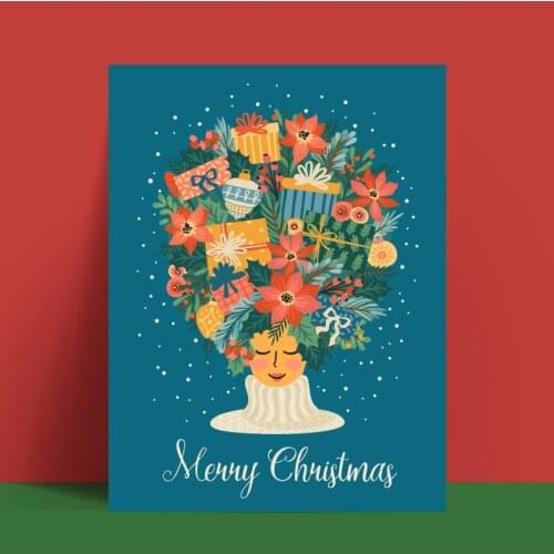 Merry Christmas happy new year illustration with cute woman trendy retro style Wall Art Print Pictures for living room