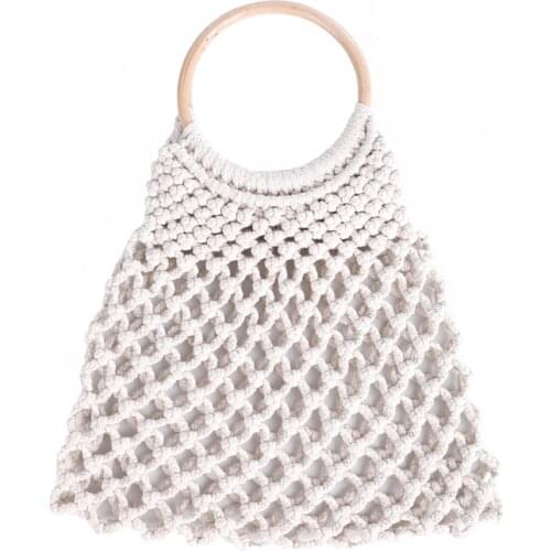 Hollow Net straw bag cotton hand-woven round wood ring rattan portable female 2019 summer straw bag new Beach bag