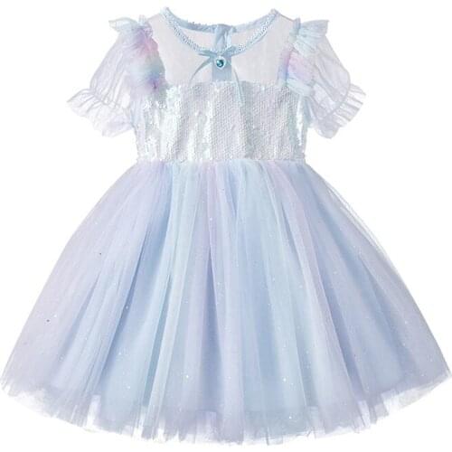 Mesh Lace Dress Girls Fancy Rainbow Bling Sequined Short Sleeve Skyblue Pink Princess Dress Toddler Summer Clothes Cute Stylish