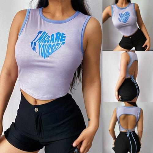 Streetwear Lace-Up Backless Tank Tops Y2K Fashion O-Neck Letter Print Sleeveless Crop Top Cute Summer Vests