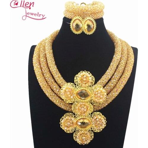 Gorgeous luxury Nigeria Wedding beads Bridal African Beads Jewelry Set Statement Necklace Bracelet Earrings 15 color N0065