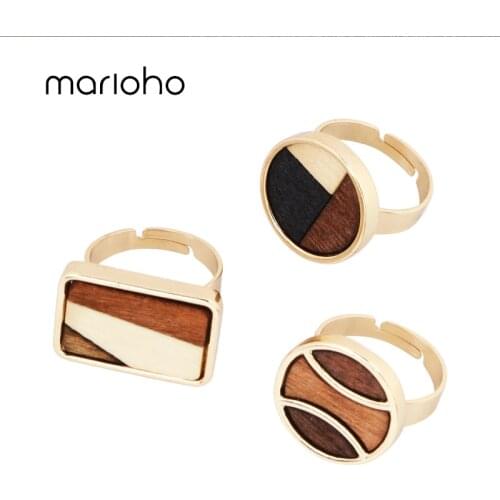 Marioho Vintage Ring Adjustable Size 12mm Geometric Wood Ring Gold-plated Frosted Feel Simple Style Ladies Ring