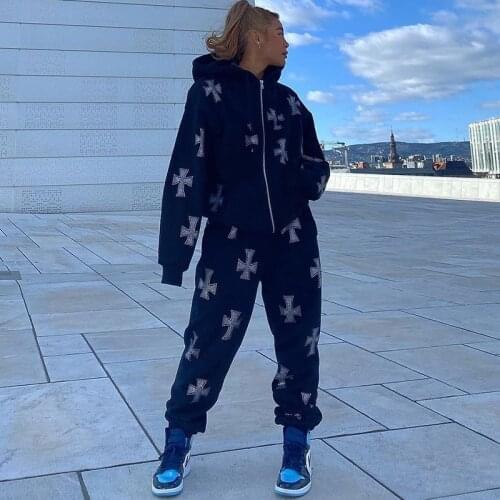 Y2k Harajuku Cross Rhinestone Straight Tube Wide Pants Suit Women American Gothic Two Piece Casual Fried Street Sweatpants 2021