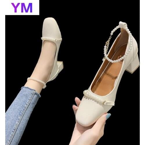 Winered Beige 2021 Summer Spring Women Ankle Strap Shoes Square Toe Ladies Pearl Zapatos Mujer Pumps Zapatos Rojos Mujer 35-39