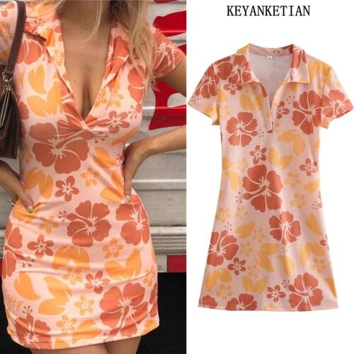 KEYANKETIAN Ladies Elegant Short Sleeve Printed Dress 2021 Summer Lapel Sexy Party Dress Slim Elegant Dress