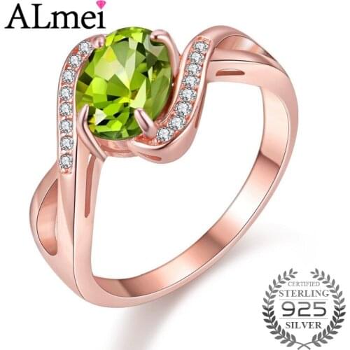 Almei Genuine Green Peridot Rose Gold Plated 925 Sterling Silver Cross Infinity Ring for Promise Women Wedding Jewelry FJ051