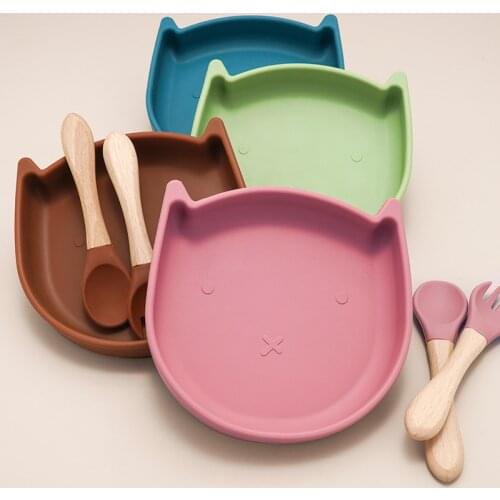 2020 Am azon Hot selling 100% Food Grade Cat Shape Bowl Safety Suction Silione Spoon Baby Feeding Set Toddler Christmas Gift