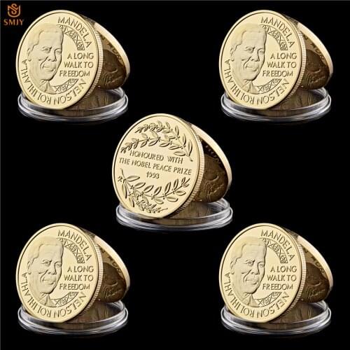 5Pcs Freedom South African President Nelson Mandela Won The 1993 Nobel Peace Prize Gold Plated Commemorative Coin Collection