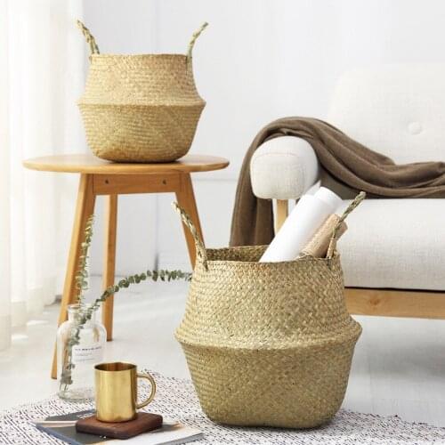 Household Foldable Natural Seagrass Woven Storage Baskets Garden Flower Vase Hanging Basket With Handle Storage Bellied Basket