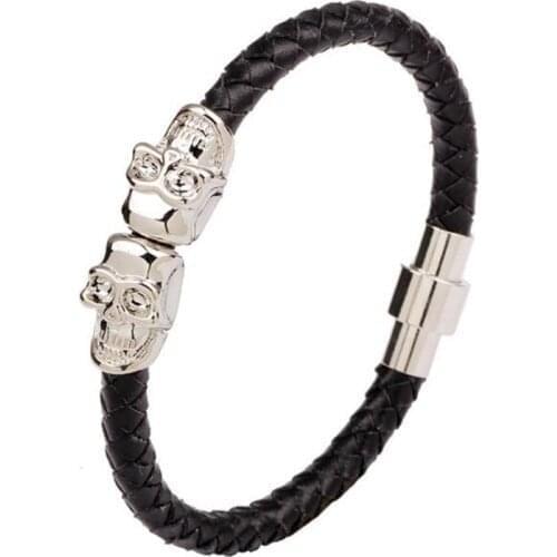 Black Leather Bracelet Gothic Silver Color Skull Magnetic Bracelet Party Fashion Mens Jewelry
