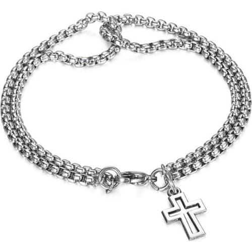 Double Chain Cross Rolo Chain Charm Bracelet for Mens Stainless Steel Cross Pendant Lobster Claw Clasp Chain Bracelet