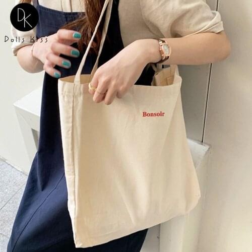 Women Canvas Eco Bag Ladies Retro Simple Letter Embroidery Shoulder Bag Large Capacity Travel Totes Casual Shopping Bag for Girl