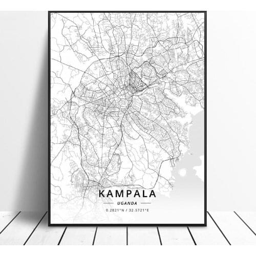 Black and White Kampala Uganda Latitude Longitude Canvas Art Map Poster