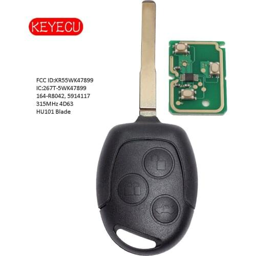 Keyecu Remote Key Fob 315MHz 4D60 / 4D63 Chip for Ford Escape Fiesta 2011-2016 HU101 FCC: KR55WK47899