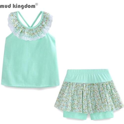 Mudkingdom Floral Summer Girls Outfits Backless Flower Cold Shoulder Tops and Skirted Short Clothes Set for Girls Beach Holiday