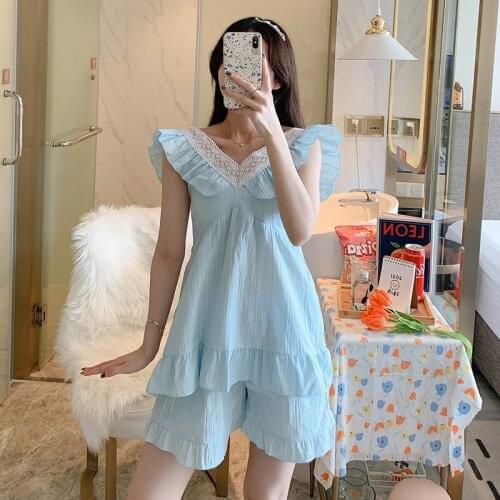 With Chest Pad Cotton Womens Pajamas Sets Summer Lace Nightwear Solid Color Sling Sweet Princess Home Suit Female Sleepwear
