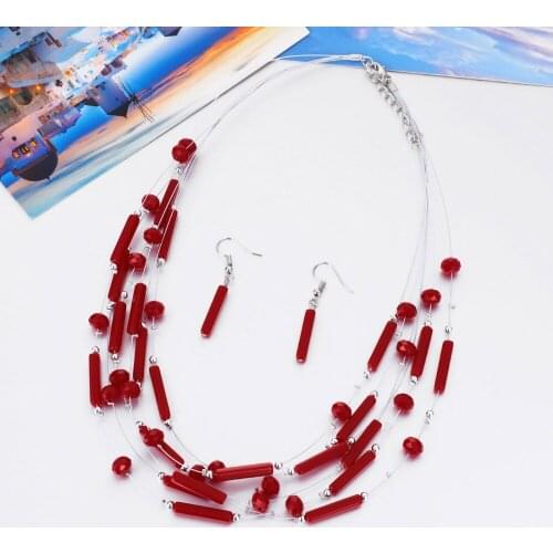 Women Bohemia Coral Beads Jewelry Set Multilayers Necklace Earrings 2 Pcs Silver Color Jewelry Sets Ladies Charm Wedding Sets