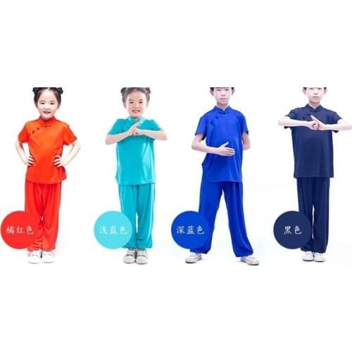 Summer kids boys/girls Kung fu martial arts uniforms tai chi clothing children wushu suits blue/black/orange with elestic