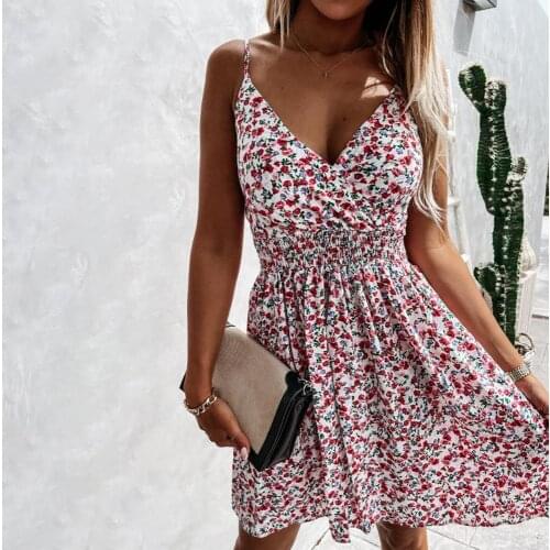 Summer Floral Print Mini Dress Fashion Women Summer Sundresses Sexy V Neck Sundress Backless Sleeveless Vintage Dress Women D30