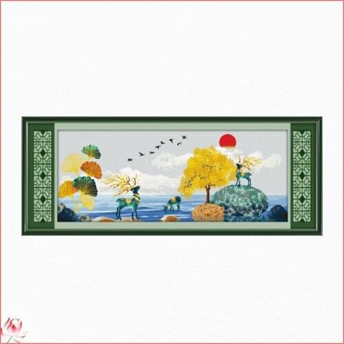 Fu Lu (deer) Stays With You For A Lifetime Cross Stitch Kit DIY Landscape Pattern 14CT 11CT Embroidery Set Needlework Home Deco