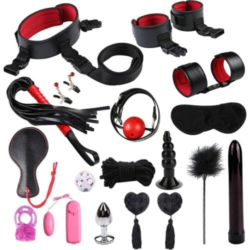 18Pcs Kit Sex Toys For Woman BDSM Bondage Sex Handcuffs Whip Metal Butt plug With Vibrator Sexy Adult Bundling Product Game