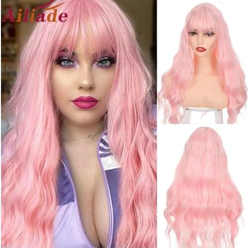 AILIADE Pure Pink Long Body Wave Hairstyle Wigs Synthetic Hair Heat Resistant For Women African American Cosplay Lolita Wig
